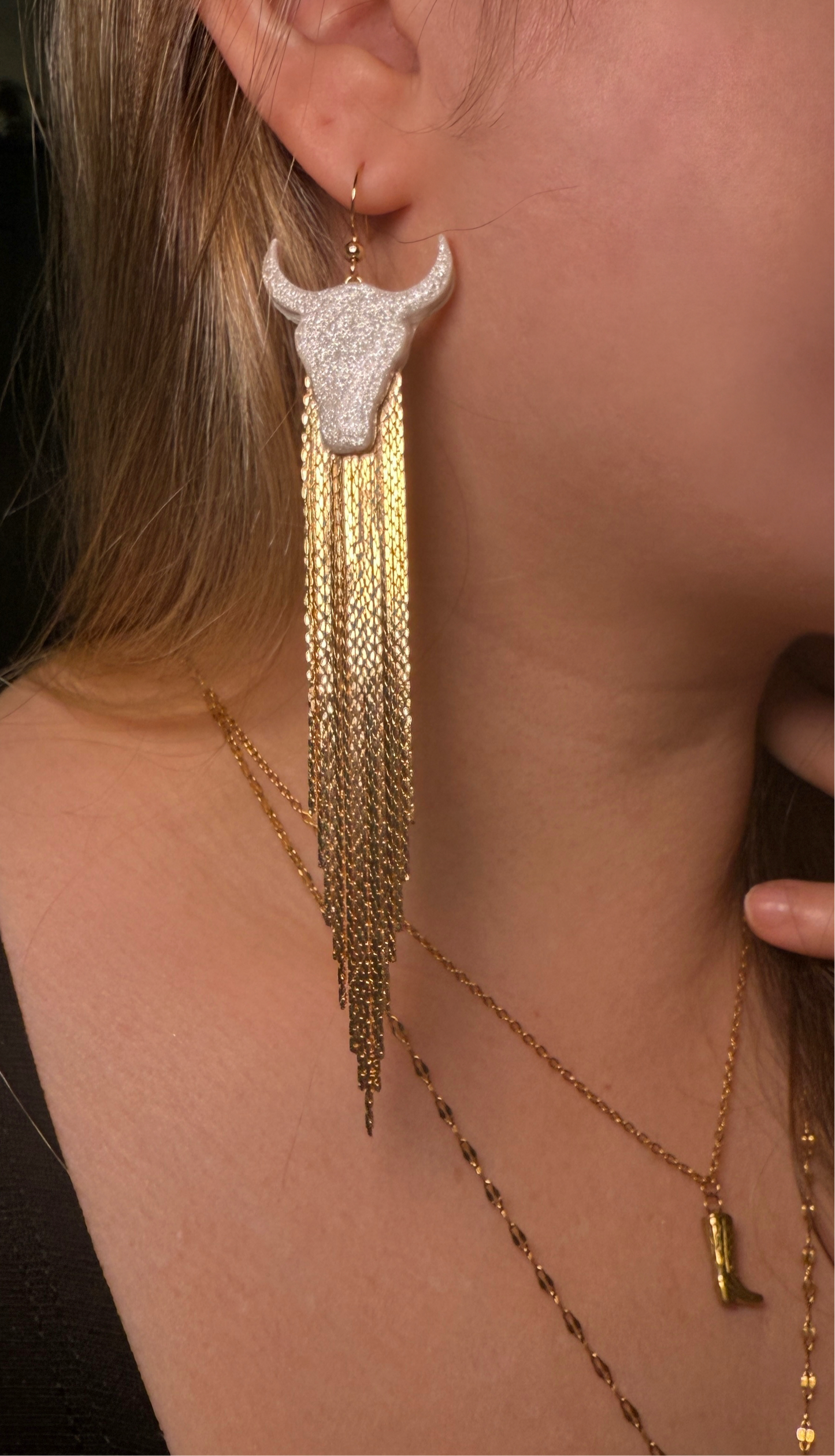 Long Tassel Sparkly Bull Earrings