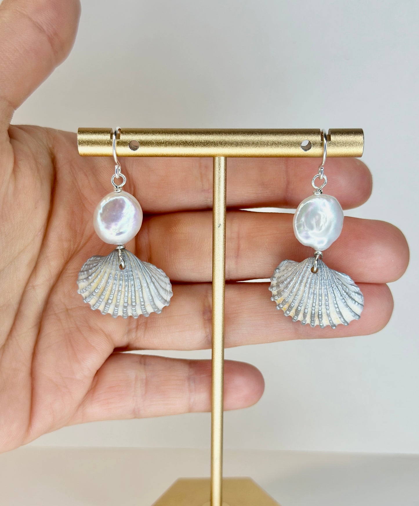 Silver Pearl of the Sea Shell Earrings