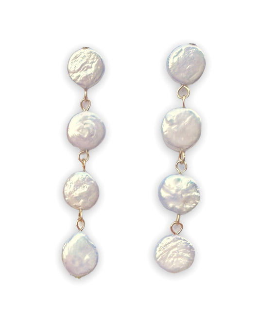 Cascading freshwater, coin, pearl earrings ￼