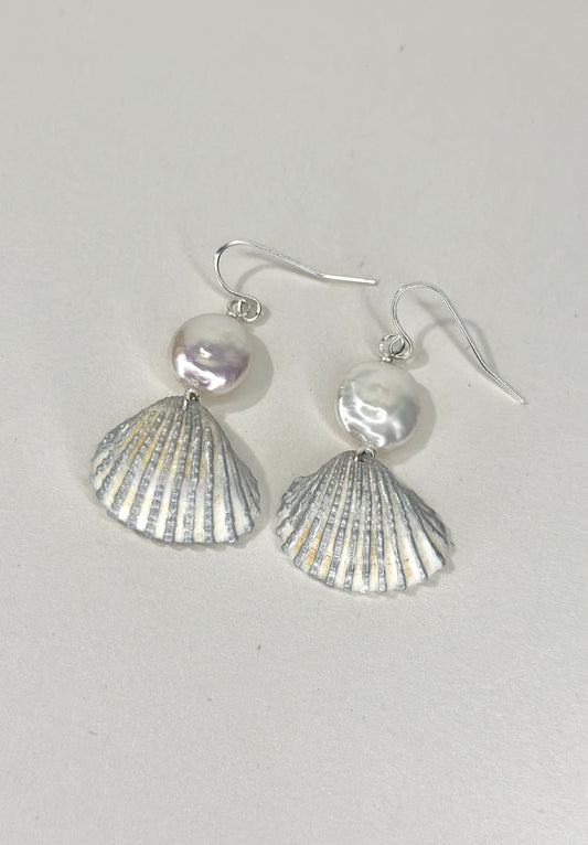 Silver Pearl of the Sea Shell Earrings