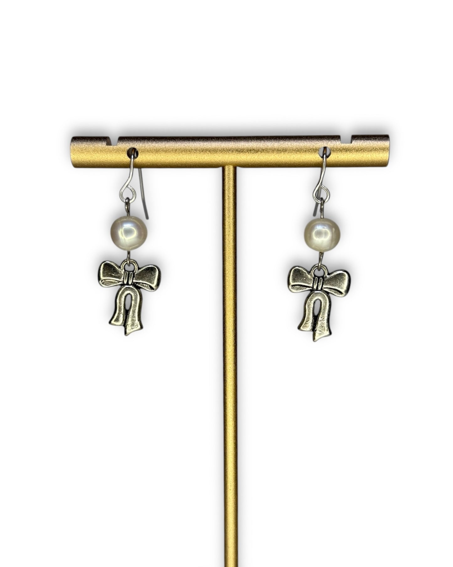 Dainty Silver Pearl Bow Earrings