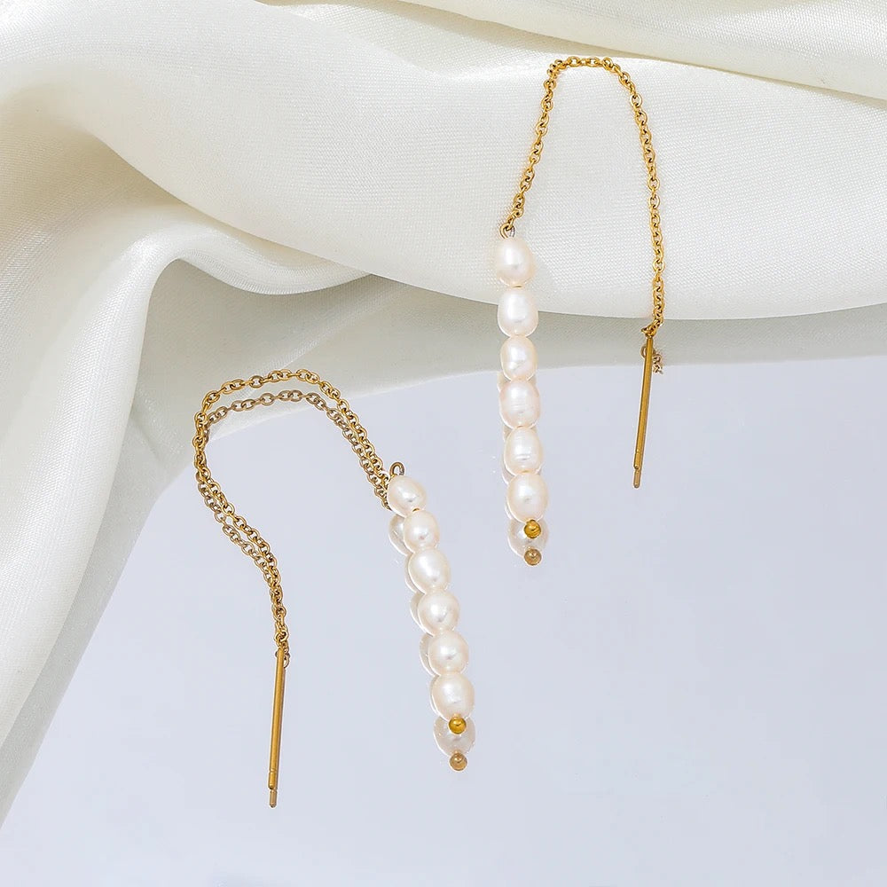 Dangling Golden Pearl Chain Tassel Earrings